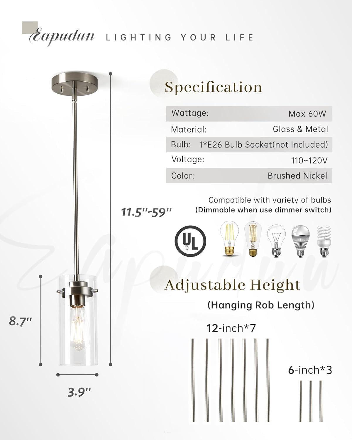 EAPUDUN Pendant Lights Kitchen Island (3 Pack), Clear Glass Shade Kitchen Lighting fixtures Ceiling Hanging, Brushed Nickel Light for Kitchen Island,Dining Room,Corridor Bedroom E26 Base