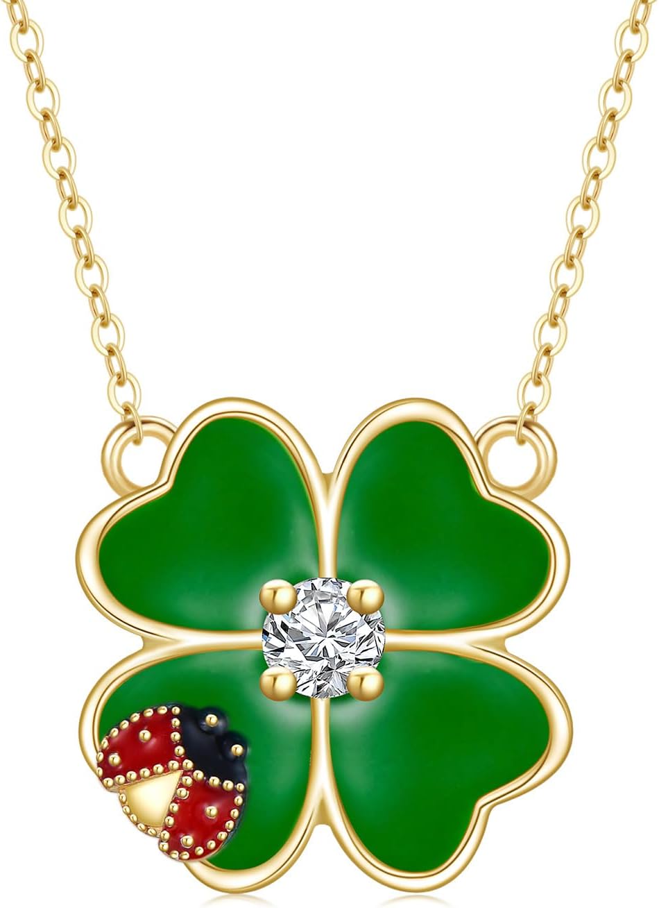Aihpos Four Leaf Clover Necklace for Women 14K Solid Gold Green Lucky 4 Leaf Clover Necklace Ladybug Necklace