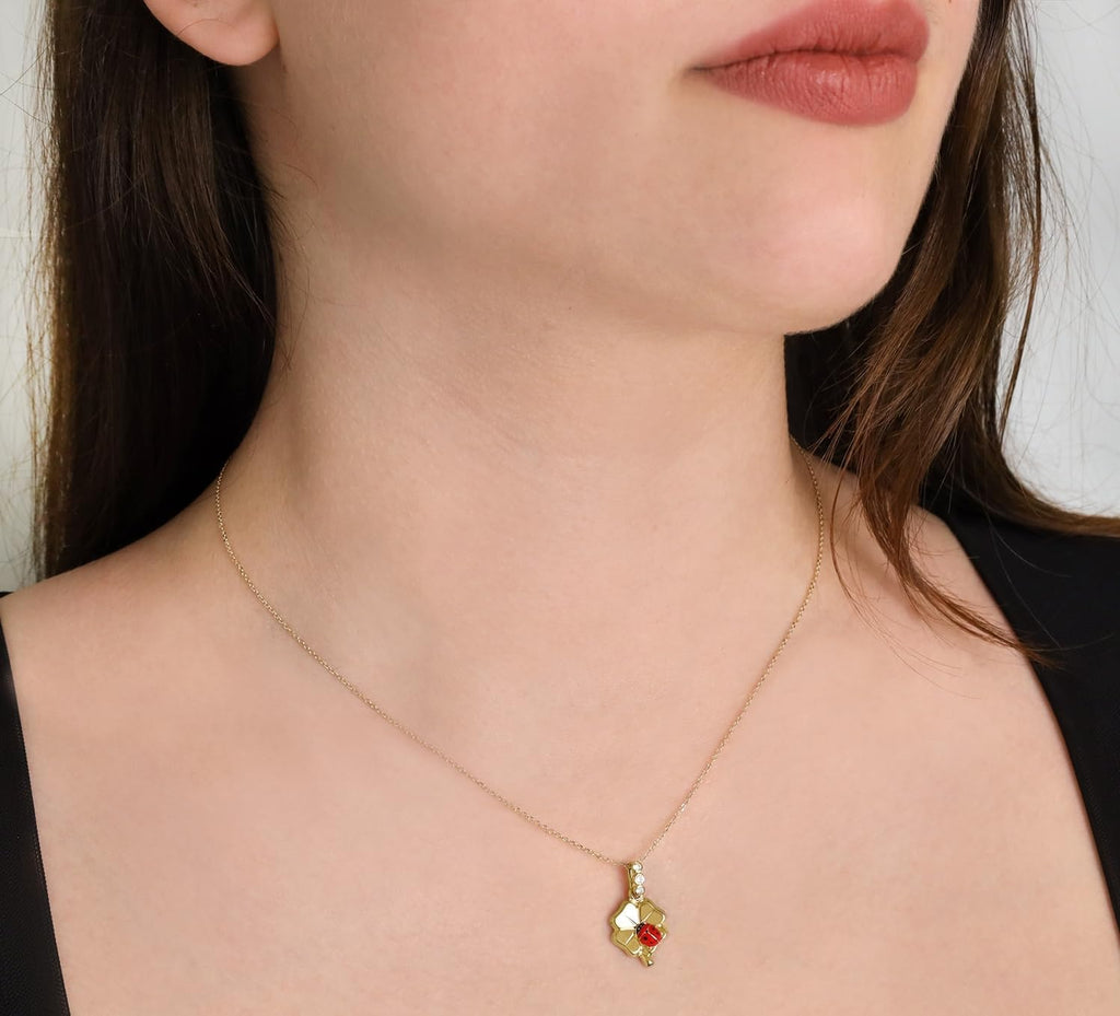 forme di Lucchetta - 14k Gold Ladybug on Four Clover Leaf Pendant | Box Chain 16+2 Inch | Women's Girl's Necklace from Italy