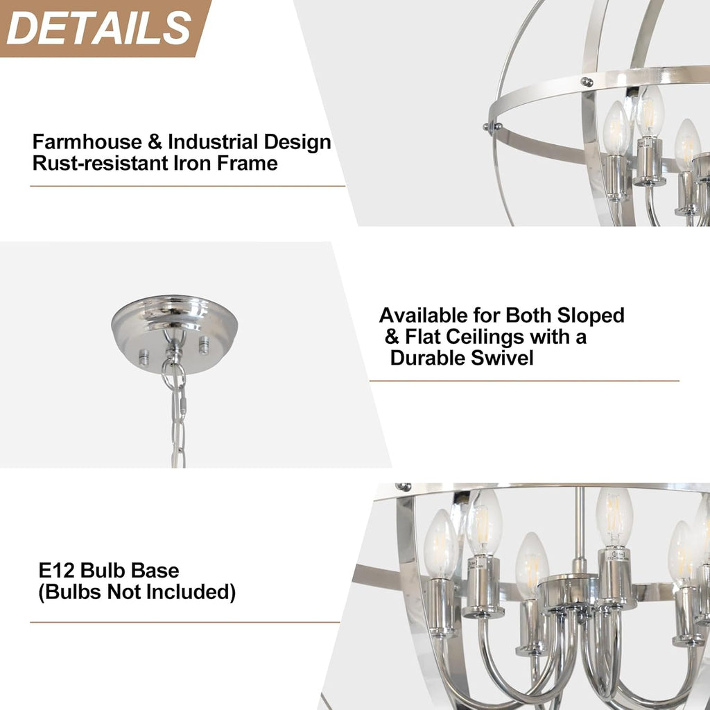 DLLT 6-Light Chrome Globe Pendant Light Fixtures, Industrial Sphere Pendant Lighting Over Island for Dining Room Foyer