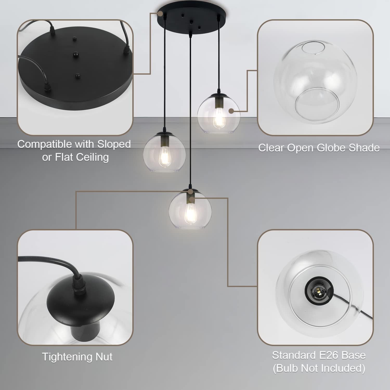 Globe Pendant Light, Modern Hanging Lighting Fixture, Classic Cluster Chandelier with Clear Glass Shades(Black, 3 Lights, 11.8 Inch)
