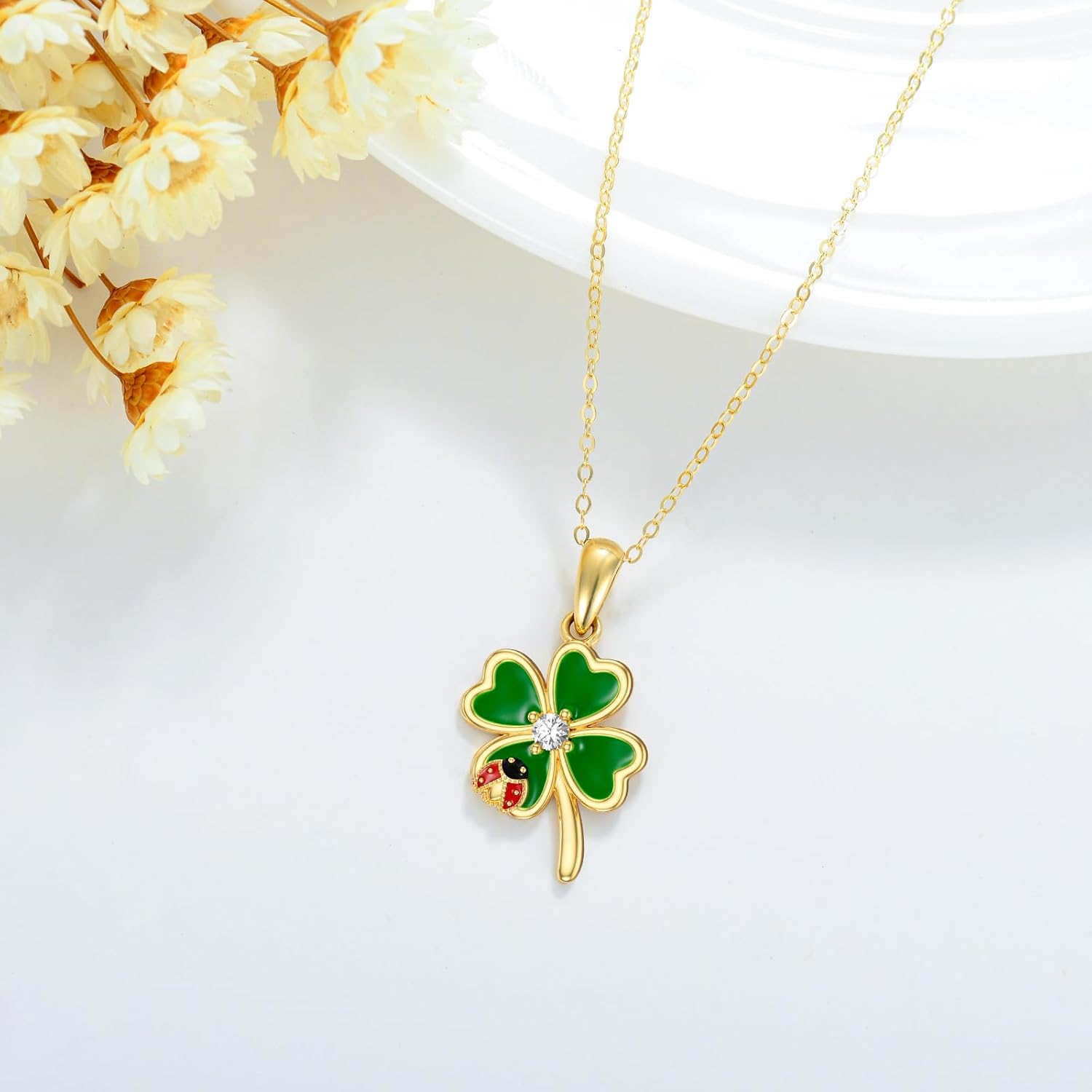 Aihpos Four Leaf Clover Necklace for Women 14K Solid Gold Green Lucky 4 Leaf Clover Necklace Ladybug Necklace
