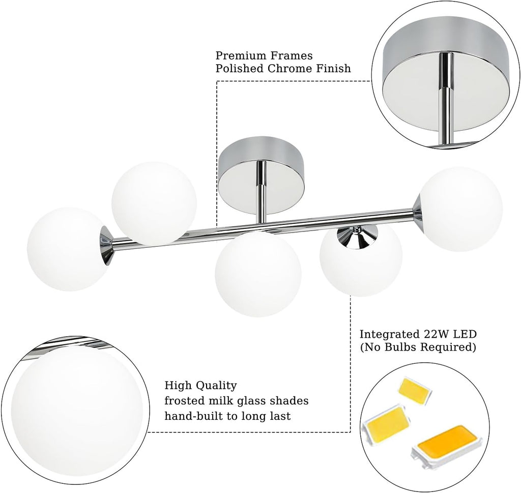 Mid Century Modern Bathroom Vanity Lights - 5-Light Chrome Dimmable LED Fixtures with Frosted Milk Glass, Wall Sconces Included
