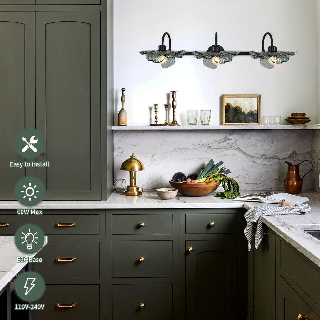 Black Bathroom Vanity Light mid Century Wall Sconce 3-Light Bathroom Wall Light Wall lamp with Dark Green Glass Shade Mirror Black Vanity Light Over Mirror for Bedroom Hallway Living Room
