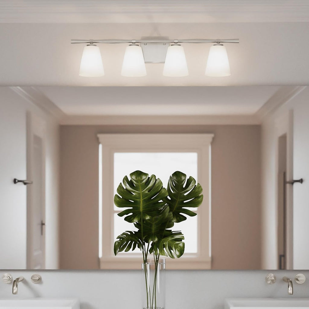Quoizel Brindley Bath Vanity Lights, 31 Inch 4-Light Brushed Nickel Transitional Bathroom Lighting Fixtures Over Mirror, Opal Etched Glass Shades, Wall Mount Light for Bathroom