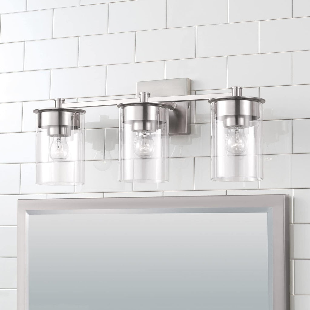 HomePlace by Capital Lighting 146831BN-532 Mason Transitional Clear Glass Cylinder Vanity Light for Bathroom, 3-Light 300 Total Watts, 9' H x 21' W, Brushed/Satin Nickel