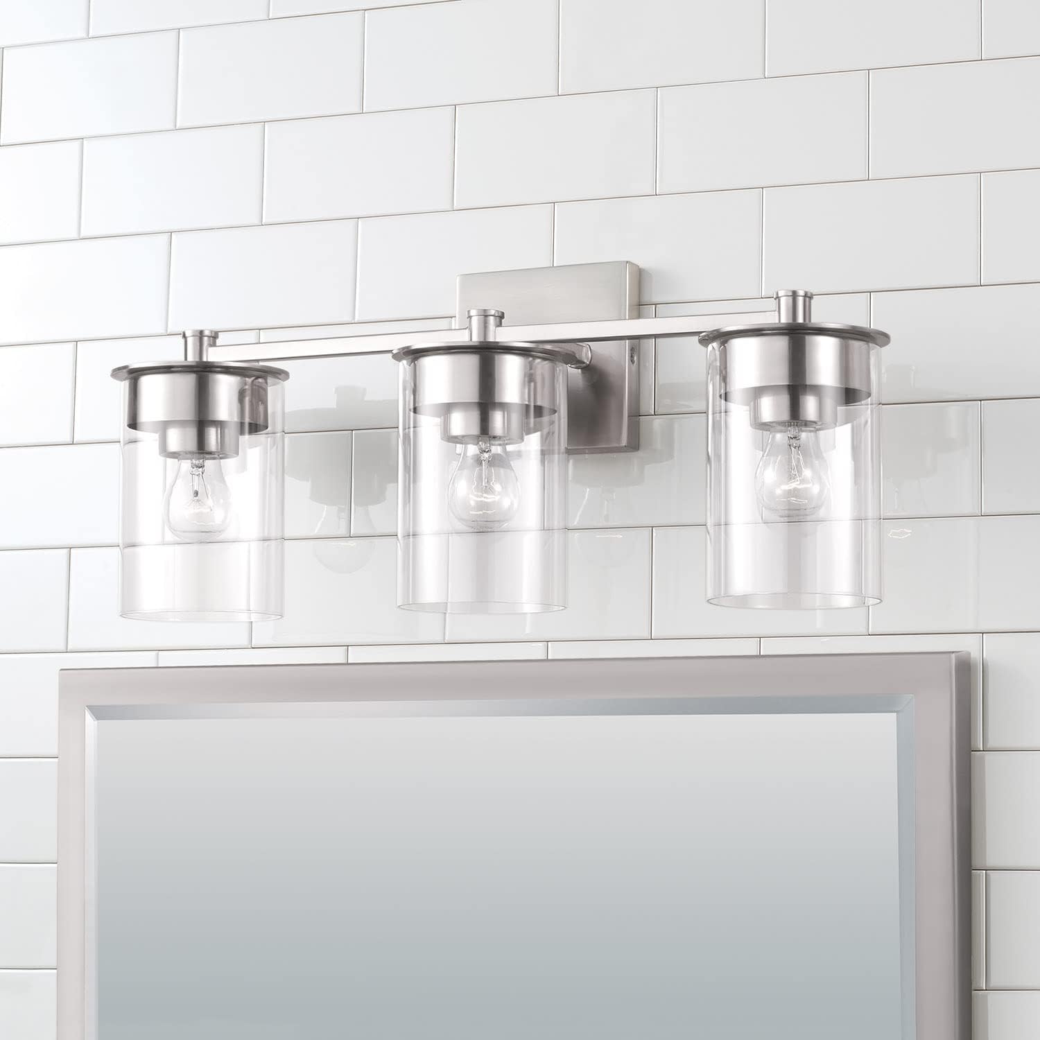 HomePlace by Capital Lighting 146831BN-532 Mason Transitional Clear Glass Cylinder Vanity Light for Bathroom, 3-Light 300 Total Watts, 9' H x 21' W, Brushed/Satin Nickel