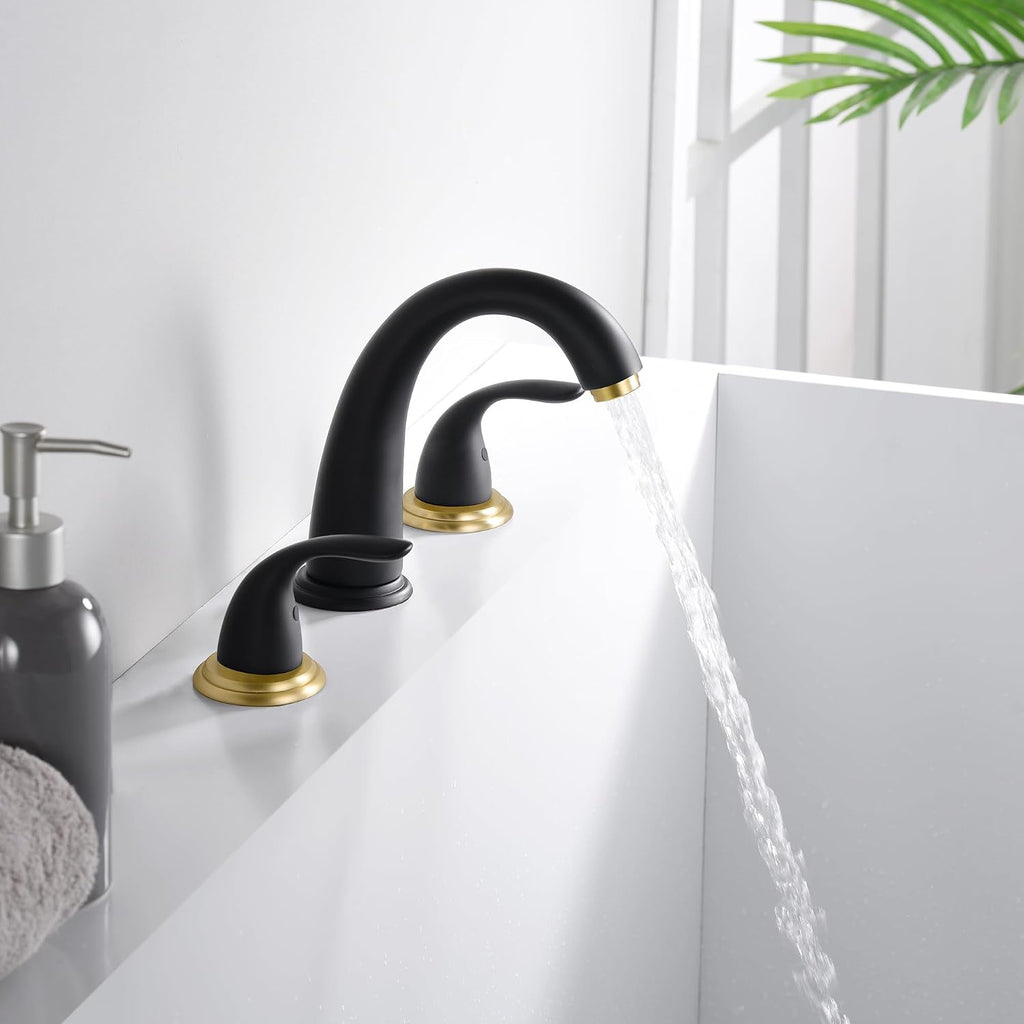 SUMERAIN 2 Handle Widespread Roman Bathtub Faucet Tub Filler with Valve, Black and Gold Finish