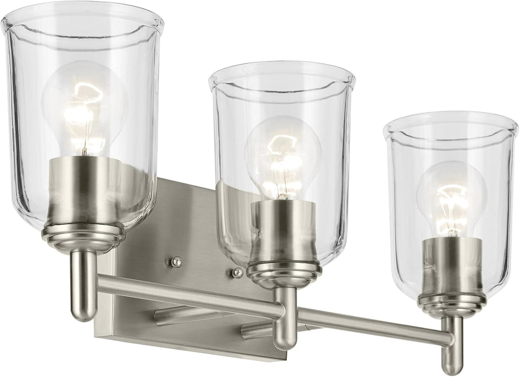 KICHLER Shailene 21' 3-Light Vanity Light with Clear Glass in Brushed Nickel, Use as Single or in Multiple, for Vanities, (21' x 8.25'), 45574NICLR