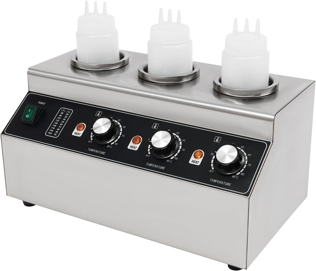 Electric Sauce Warmer Dispenser, 240W Countertop Stainless Steel Jam Heat Preservation Machine with 3x680ml Squeeze Bottle, Commercial Hot Fudge Dispenser Warmer for Nacho Cheese Ketchup (3 Bottle)