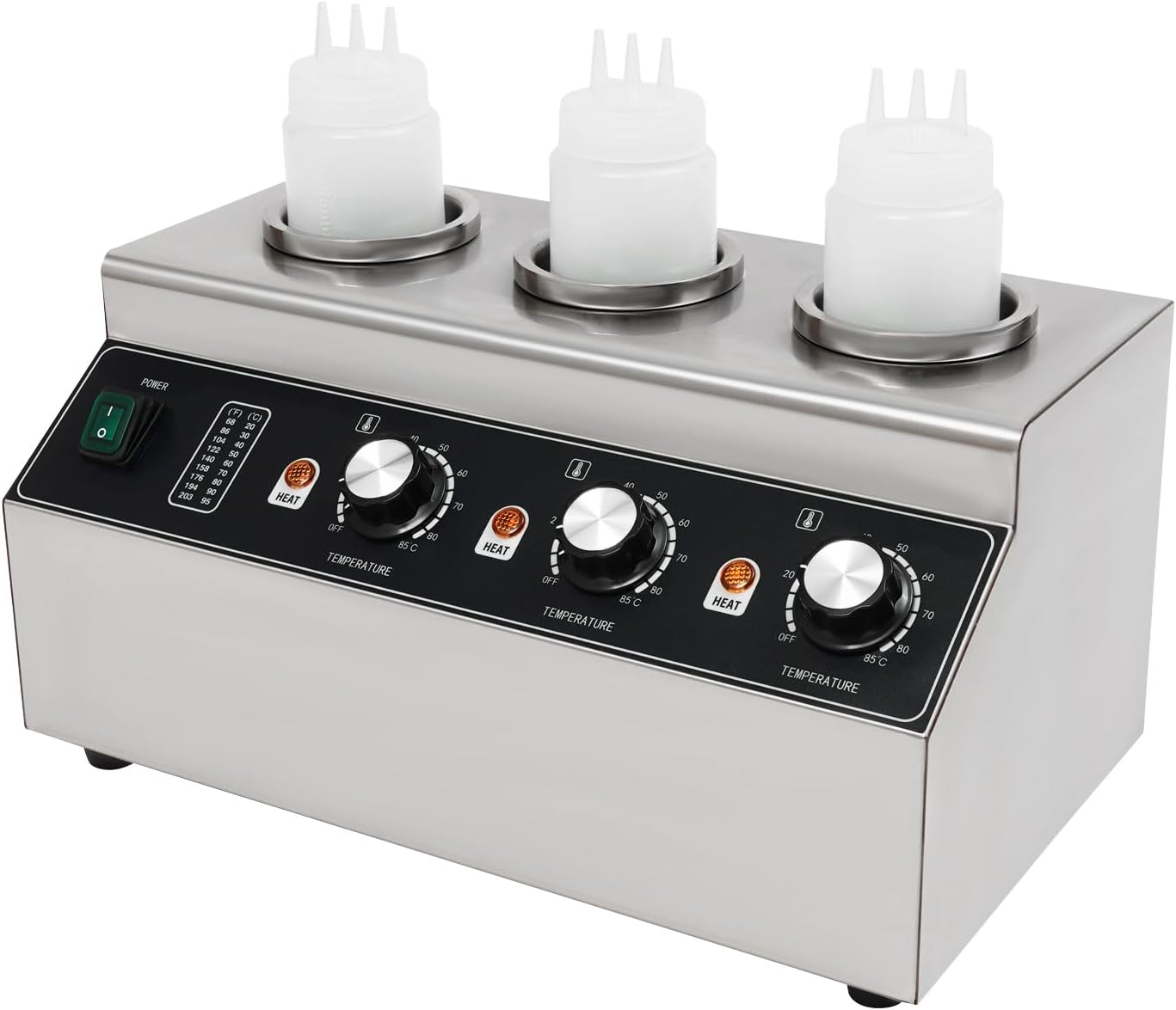 Electric Sauce Warmer Dispenser, 240W Countertop Stainless Steel Jam Heat Preservation Machine with 3x680ml Squeeze Bottle, Commercial Hot Fudge Dispenser Warmer for Nacho Cheese Ketchup (3 Bottle)