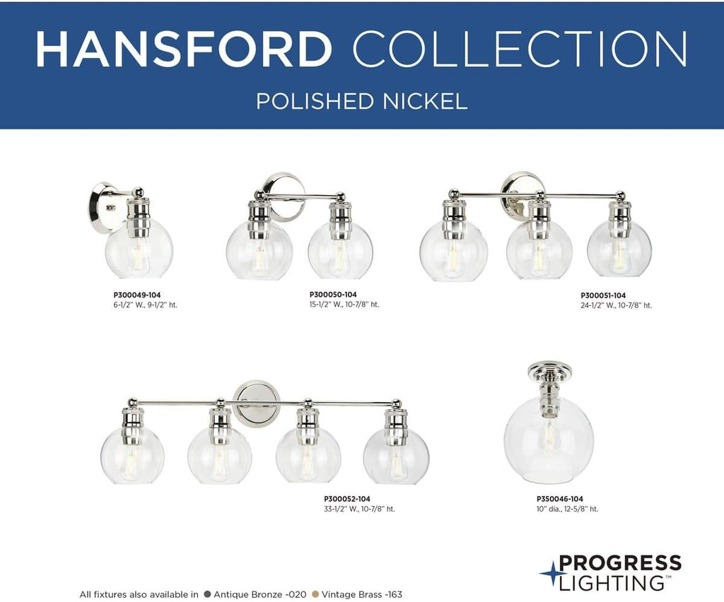 Progress Lighting Hansford Collection 1-Light Clear Glass Coastal Bath Vanity Light Polished Nickel