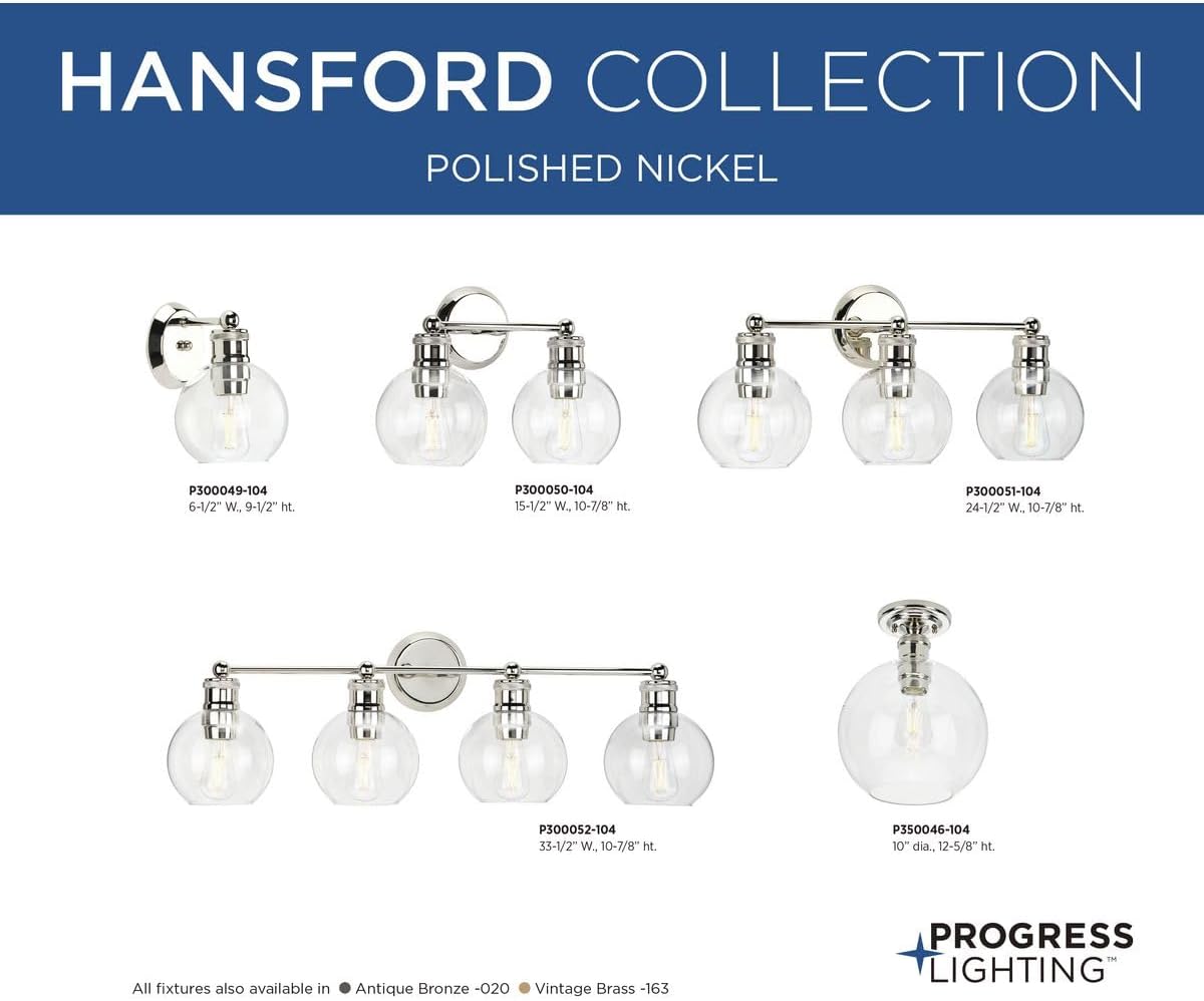 Progress Lighting Hansford Collection 1-Light Clear Glass Coastal Bath Vanity Light Polished Nickel