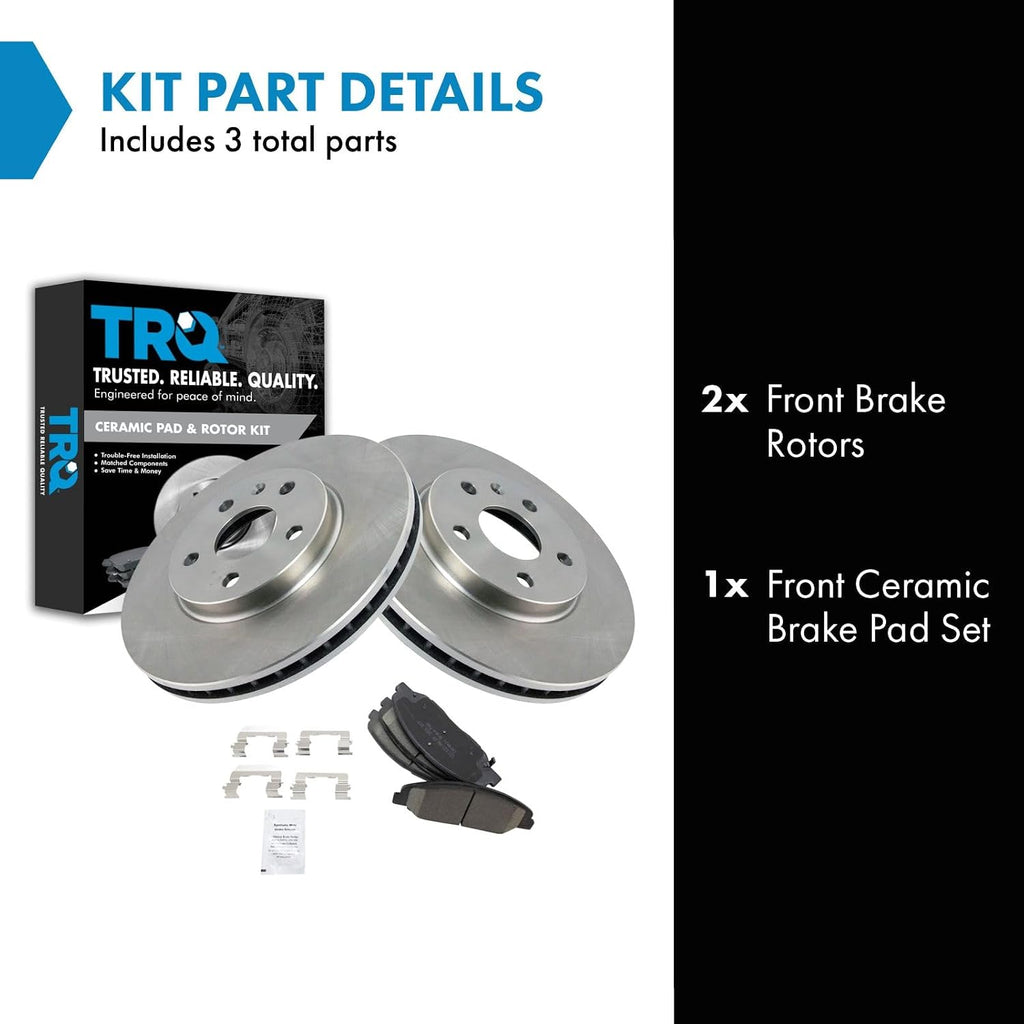 TRQ Front Ceramic Brake Pad and Rotor Set Compatible with 2008-2014 Cadillac CTS with Standard Duty Brakes with 315mm Front Rotors