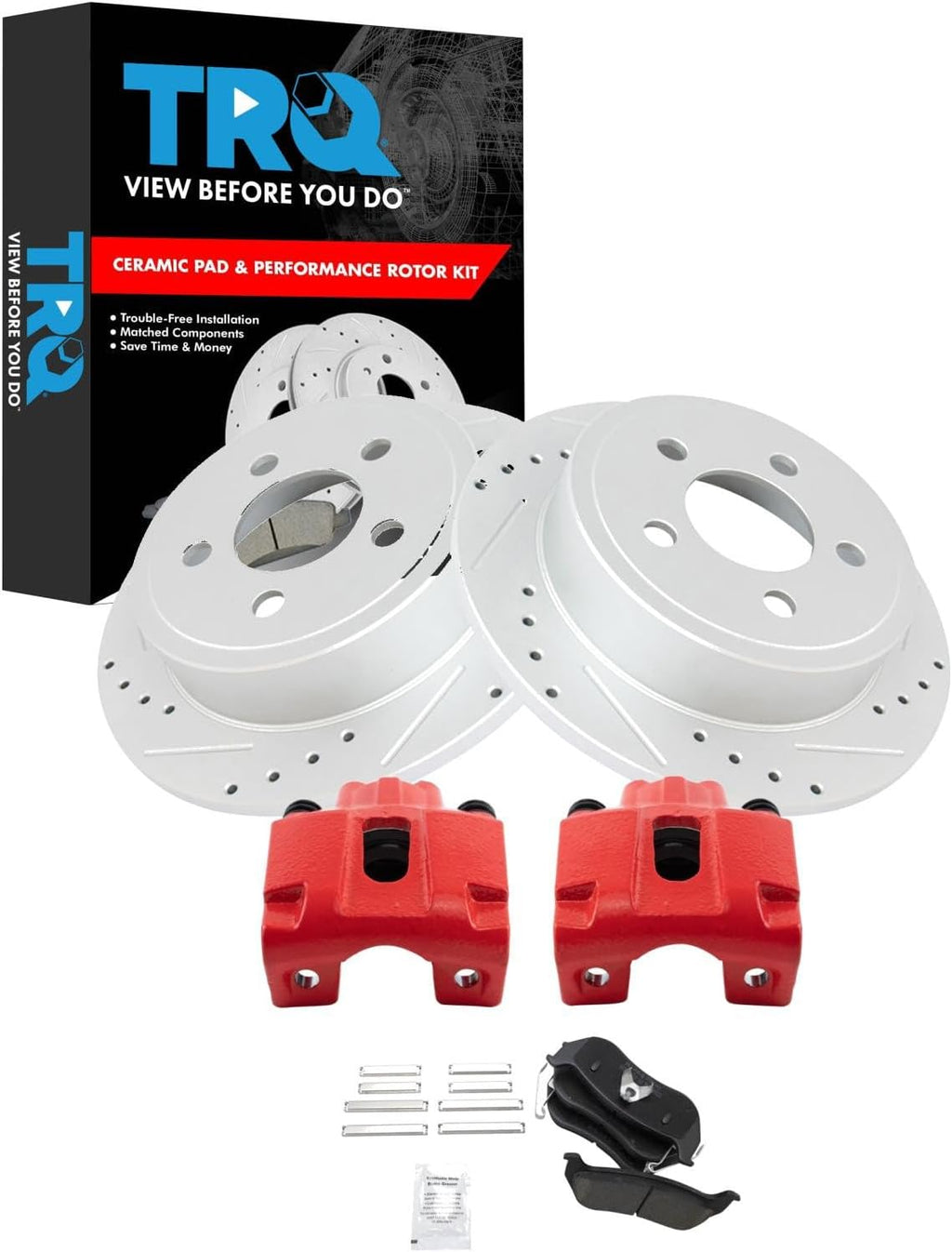 TRQ Performance Rear Brake Pad and Rotor Set Ceramic Coated Drilled Slotted Rotors Calipers Red Compatible with 2003-2007 Jeep Liberty 2003-2006 Wrangler