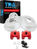 TRQ Performance Rear Brake Pad and Rotor Set Ceramic Coated Drilled Slotted Rotors Calipers Red Compatible with 2003-2007 Jeep Liberty 2003-2006 Wrangler