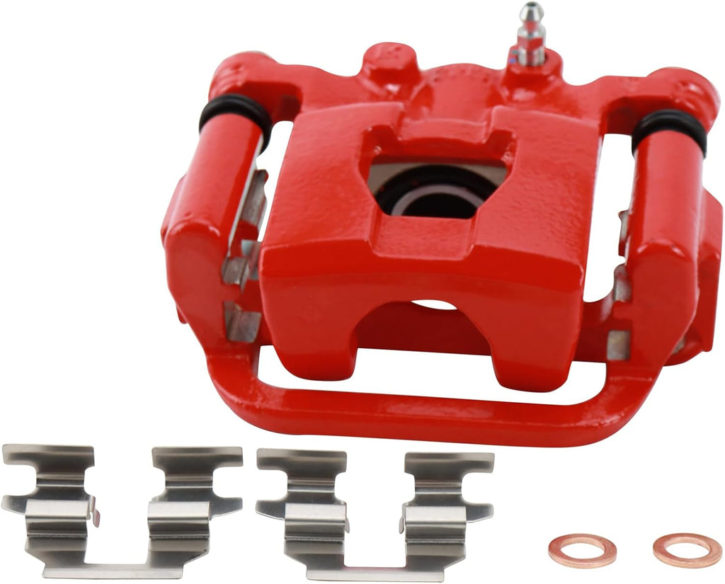 TRQ Performance Rear Brake Pad and Rotor Set Ceramic Coated Drilled Slotted Vented Rotors Calipers Red Compatible with 2009-2012 Nissan Altima 2007-2008 Maxima