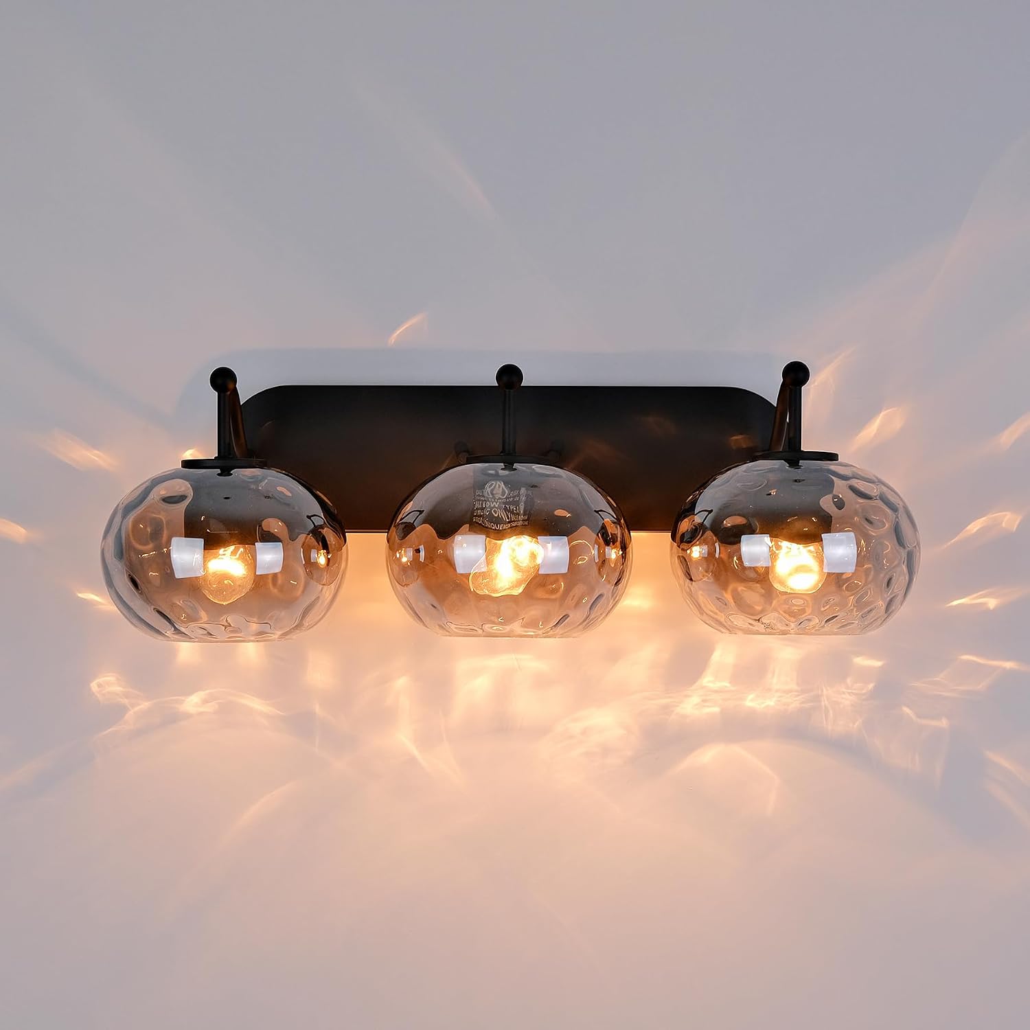23' Matte Black Vanity Light Smoked Hammered Glass Wall Sconce 3-Light Grey Lampshade Wall Lamp for Hallway Living Room Stairwell Bathroom Over Mirror