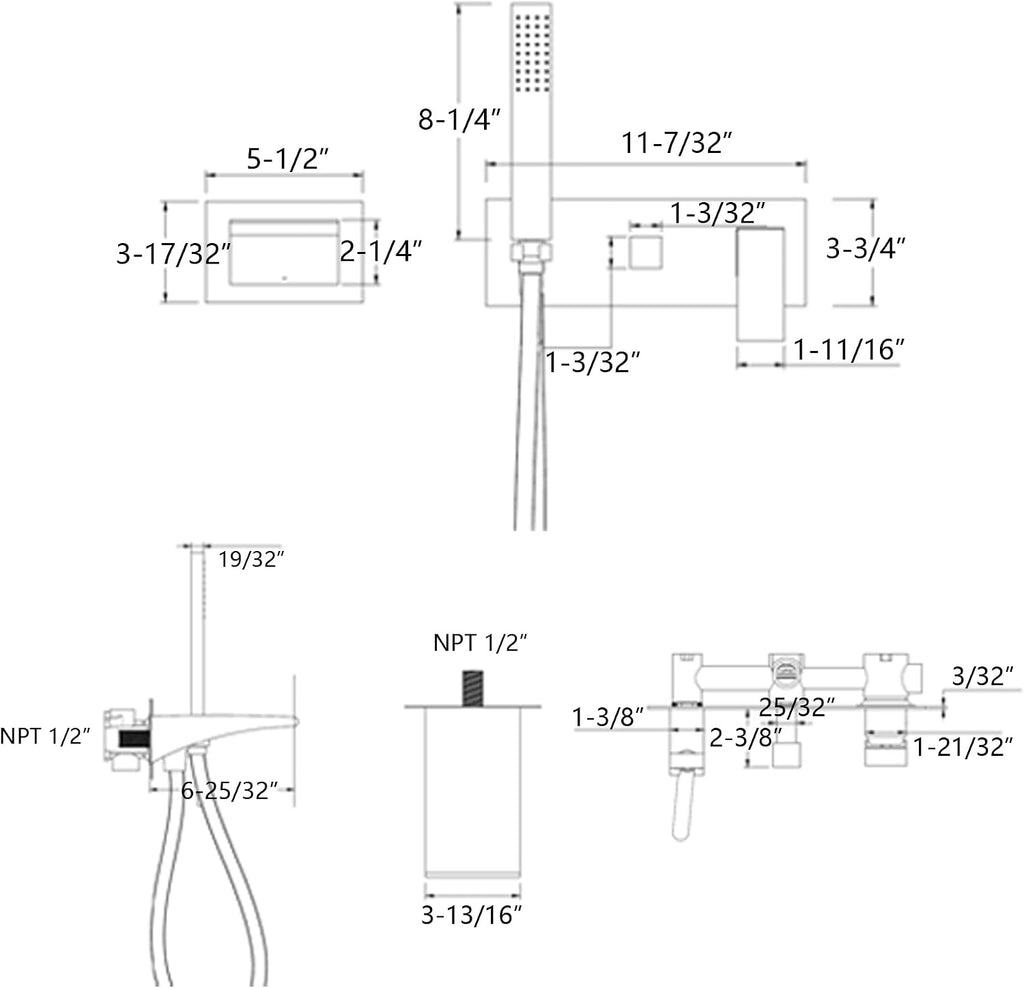 SUMERAIN Wall Mount Tub Faucets, Waterfall Tub Filler Spout with Hand Shower