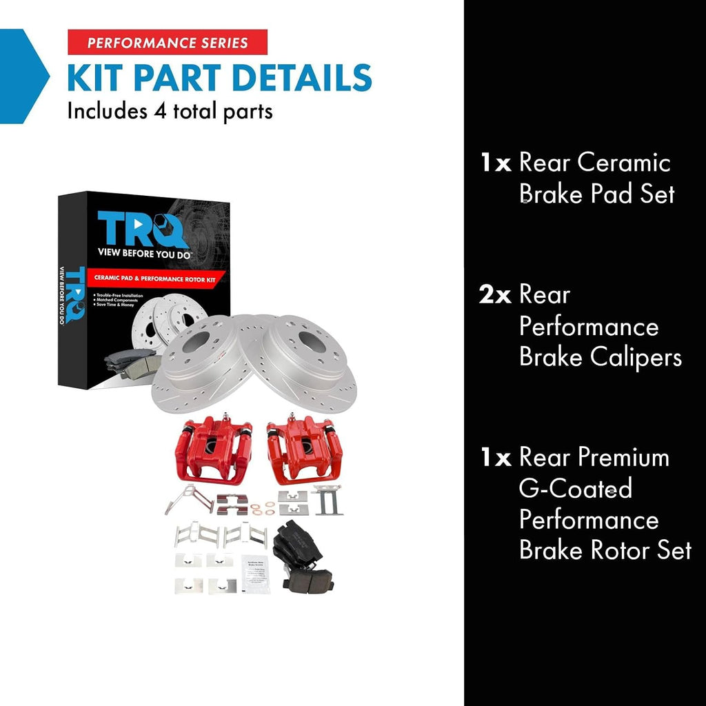TRQ Rear Performance Brake Pad, Caliper, & Rotor Kit Ceramic Premium G-Coated Red Compatible with 2007-2008 Acura TL 2003-2011 Honda Element