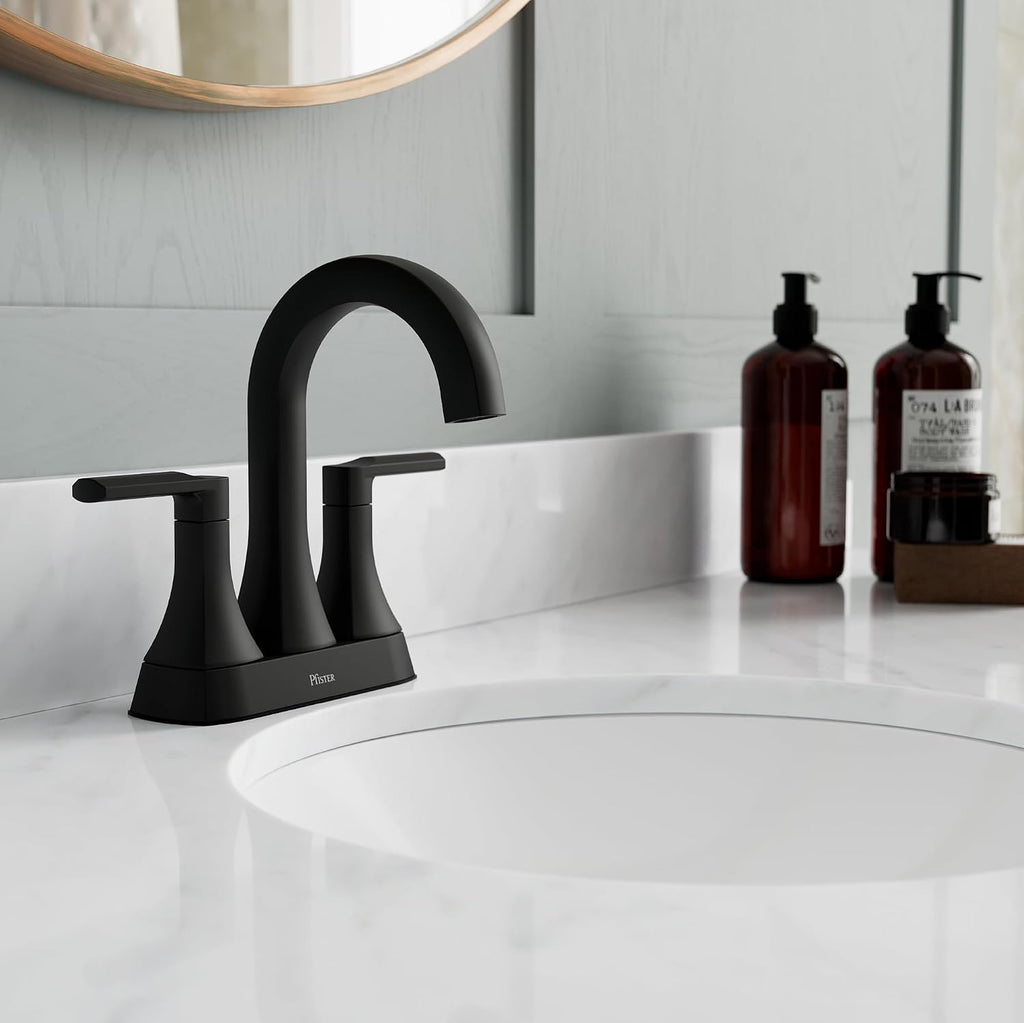 Pfister Vaneri 4 in Centerset Bathroom Sink Faucet 2-Handle 3-Hole Matte Black Vanity Faucet with Push & Seal Drain NSF Certified WaterSense Compliant LF048VRIBB
