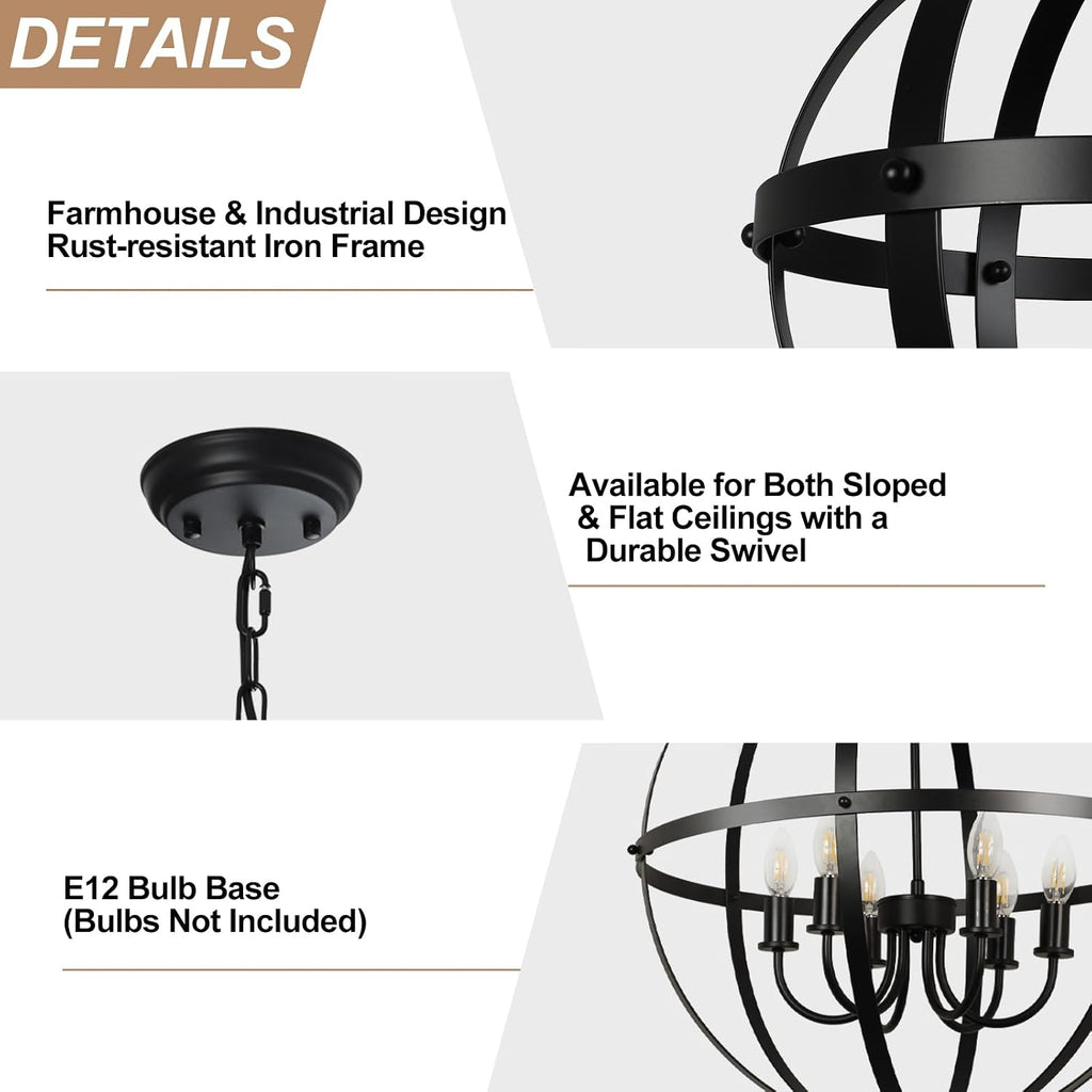 DLLT 6-Light Orb Chandelier, Black Globe Pendant Light Fixtures, Industrial Sphere Pendant Lighting Over Island, Adjustable Hanging Light with Metal Cage for Dining Room, Foyer, E12 Bulbs Not Included