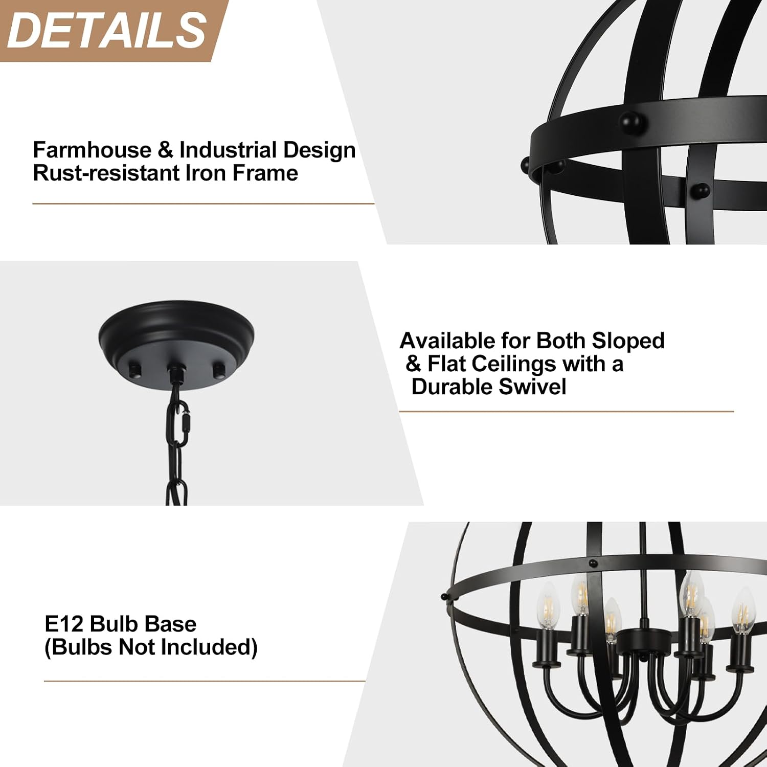 DLLT 6-Light Orb Chandelier, Black Globe Pendant Light Fixtures, Industrial Sphere Pendant Lighting Over Island, Adjustable Hanging Light with Metal Cage for Dining Room, Foyer, E12 Bulbs Not Included