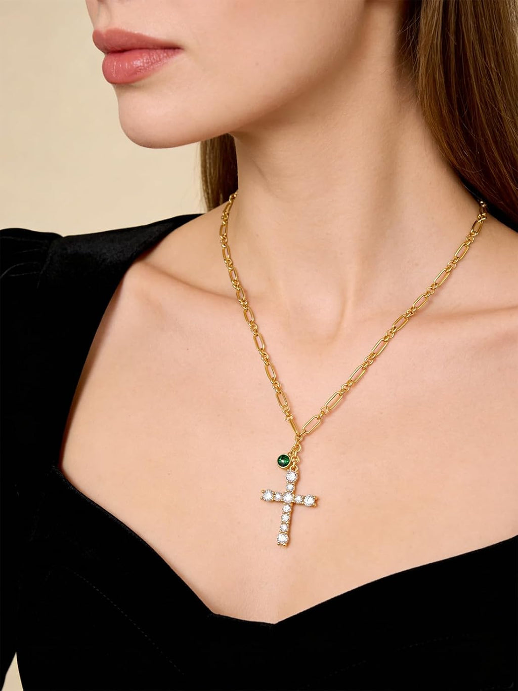 Cross Necklace for Women 14K Gold Birthstone Anniversary Birthday Gift for Wife Mom Protection Christian Jewelry Adjustable Chain