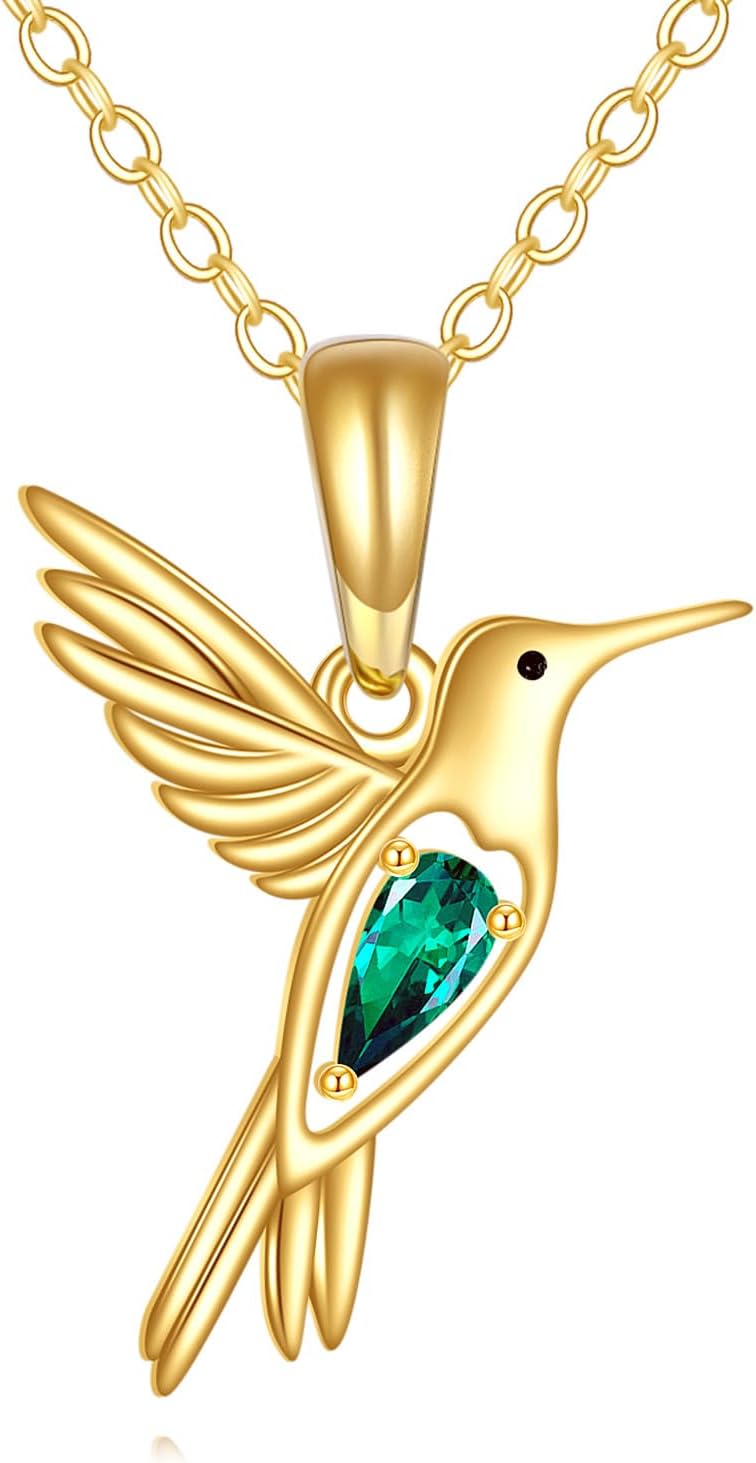 DOVRAN Real Solid Gold Birthstone Butterfly/Dragonfly/Bee/Hummingbird Necklace for Women Yellow Gold Animal Pendant for Christmas Dainty Jewelry Birthday Gifts for Mom Wife