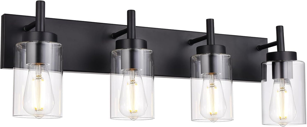 4 Lights Bathroom Vanity Light Fixture Black Sconces Wall Lighting with Clear Glass Shade Modern Industrial Indoor Wall Mounted Lamp, Farmhouse Lighting for Kitchen (Patent No.: US D958,438 S)