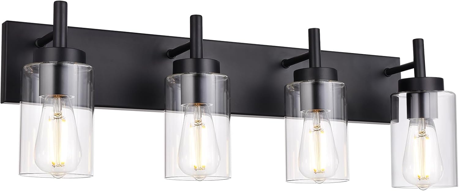 4 Lights Bathroom Vanity Light Fixture Black Sconces Wall Lighting with Clear Glass Shade Modern Industrial Indoor Wall Mounted Lamp, Farmhouse Lighting for Kitchen (Patent No.: US D958,438 S)