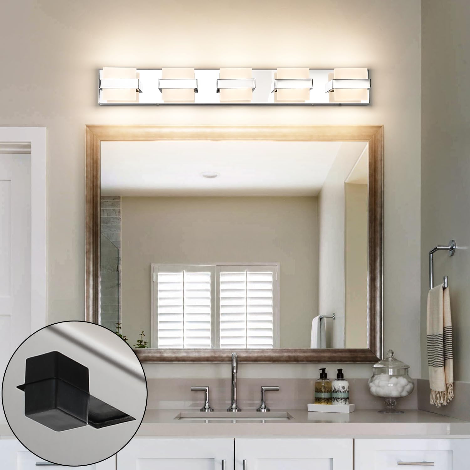 SOLFART Adjustable 5 Lights Black Bathroom Lighting Bathroom Light Fixtures Over Mirror Modern LED Vanity Light 34 inch 5 Color Dimmable 5CCT