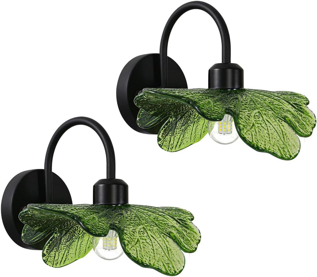 Matte Black Vanity Lighting Fixture Bathroom Wall Sconce Set of 2 Vintage Wall Sconce Lights Wall Lamp with Green Glass Shade Bathroom Vanity Light Over Mirror for Bedroom Hallway Living Room