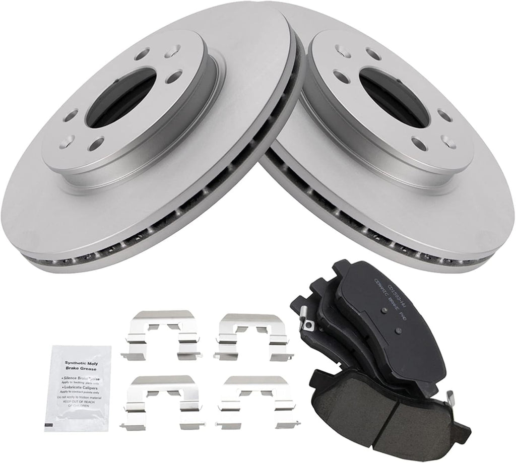 TRQ Front Ceramic Brake Pad and Rotor Set Coated Compatible with 2012-17 Hyundai Accent 12-16 Kia Rio EX LX 2017 Kia Rio with 256 mm Diameter Front Rotors