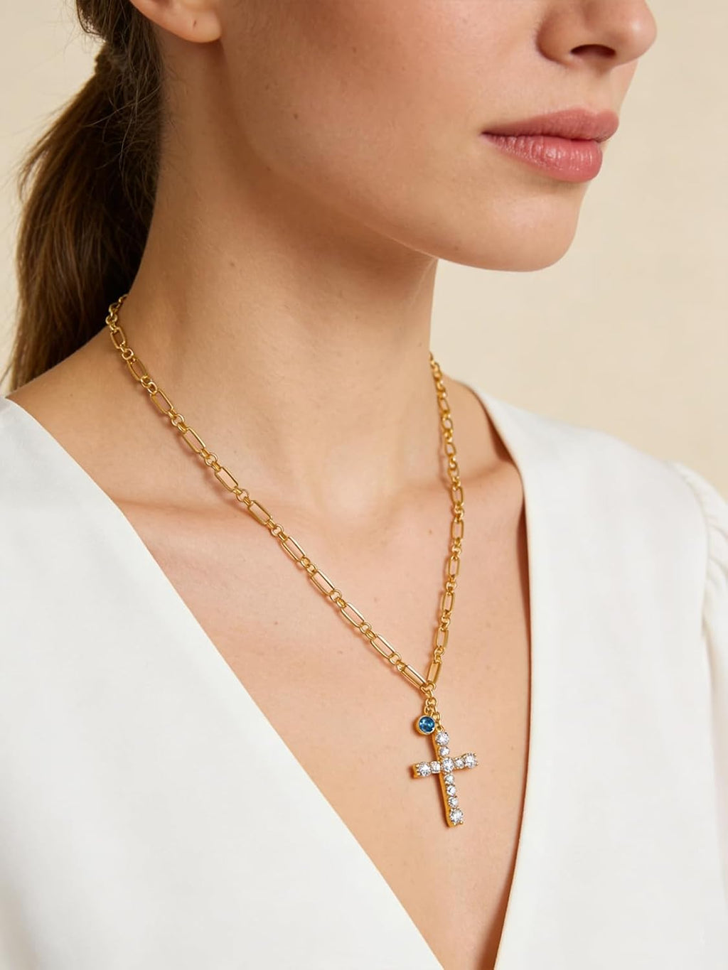 Cross Necklace for Women 14K Gold Birthstone Anniversary Birthday Gift for Wife Mom Protection Christian Jewelry Adjustable Chain