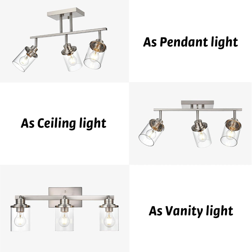 Track Lighting Fixtures 3 Light Directional Ceiling Lights with Adjustable Track Heads, Brushed Nickel Bathroom Vanity Light with Clear Glass Shade