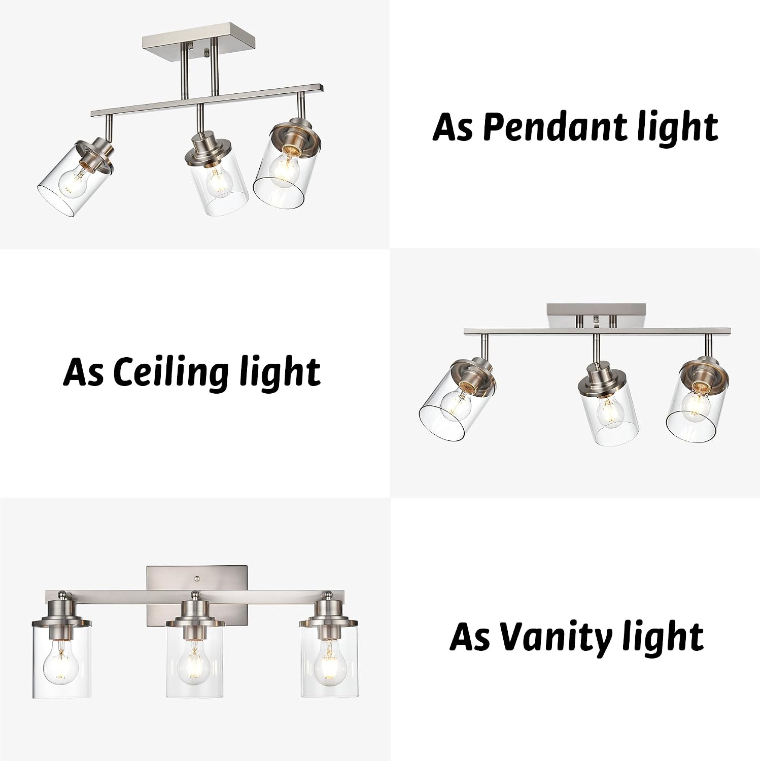 Track Lighting Fixtures 3 Light Directional Ceiling Lights with Adjustable Track Heads, Brushed Nickel Bathroom Vanity Light with Clear Glass Shade
