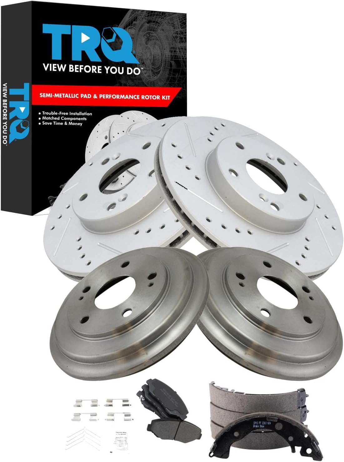 TRQ Front & Rear Brake Pad & Rotor,Shoe & Drum Kit Premium G-Coated Semi-Metallic Performance Compatible with 2013-2015 Honda Civic