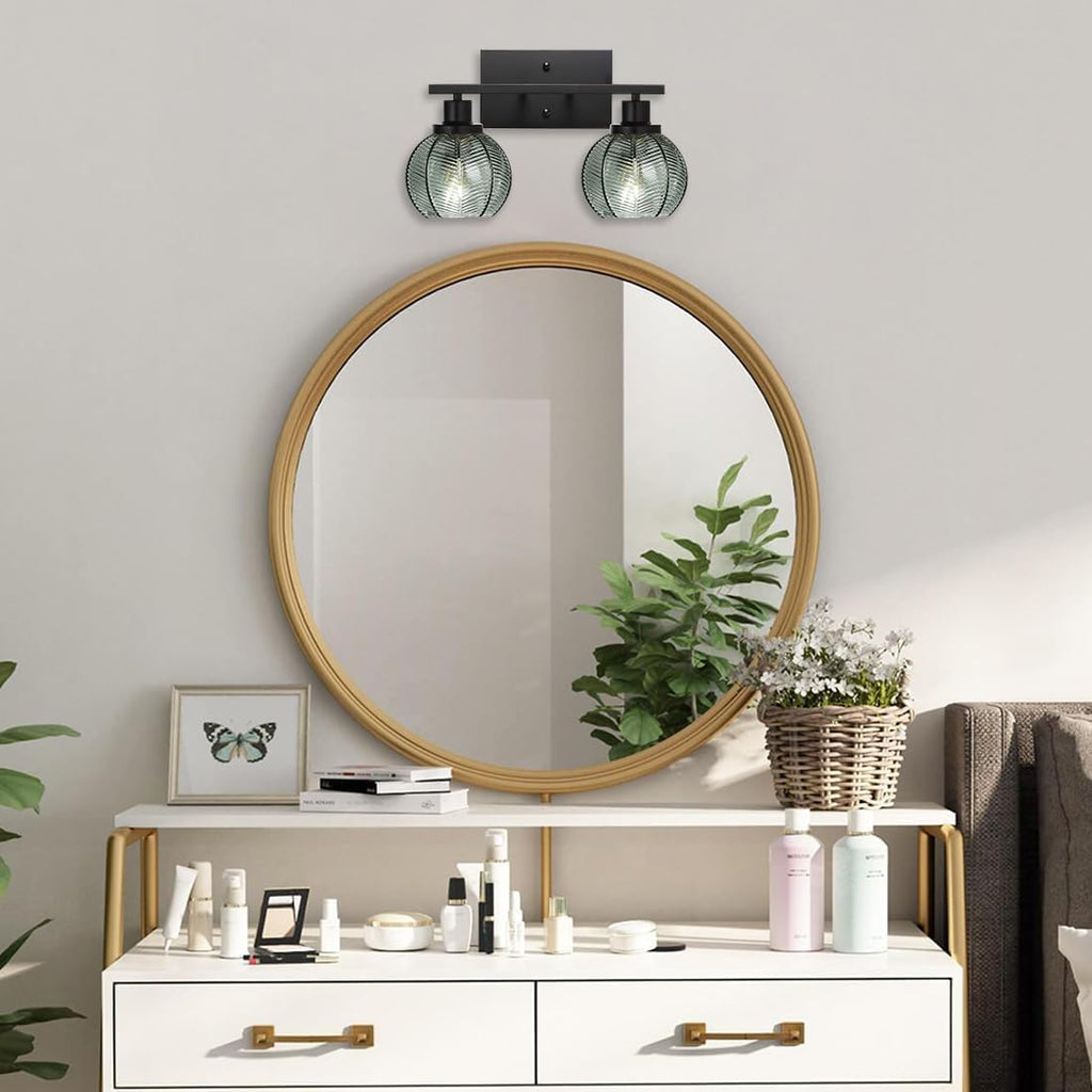 Set of 2 Wall Sconces for Bathroom Modern Vanity Light Fixtures 2-Light Black Wall Sconce with Green Glass Shade Farmhouse Wall Lights for Bedroom Living Room