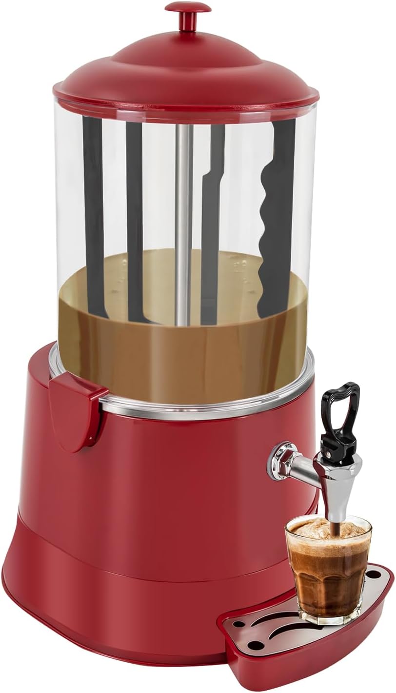 Commercial Hot Chocolate Machine 10L/2.64Gal Red Stainless Steel Electric Chocolate Mixing Machine Hot Beverage Warmer Dispenser 86-194℉ Temperature Control for Heating Chocolate Coffee Milk Tea