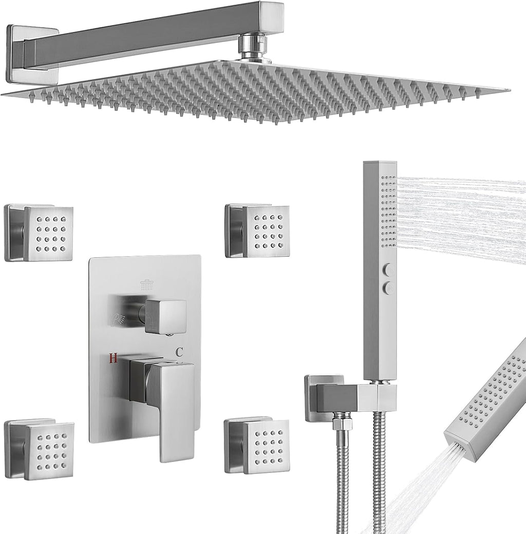 RUMOSE Rainfall Shower System with 4 Body Jets Wall Mounted 4 Mode Shower Faucet Set with 12 Inch Rain Shower Head and 2 in 1 Handheld Spray, Brushed Nickel Brass Shower Fixtures, Rough-in Valve