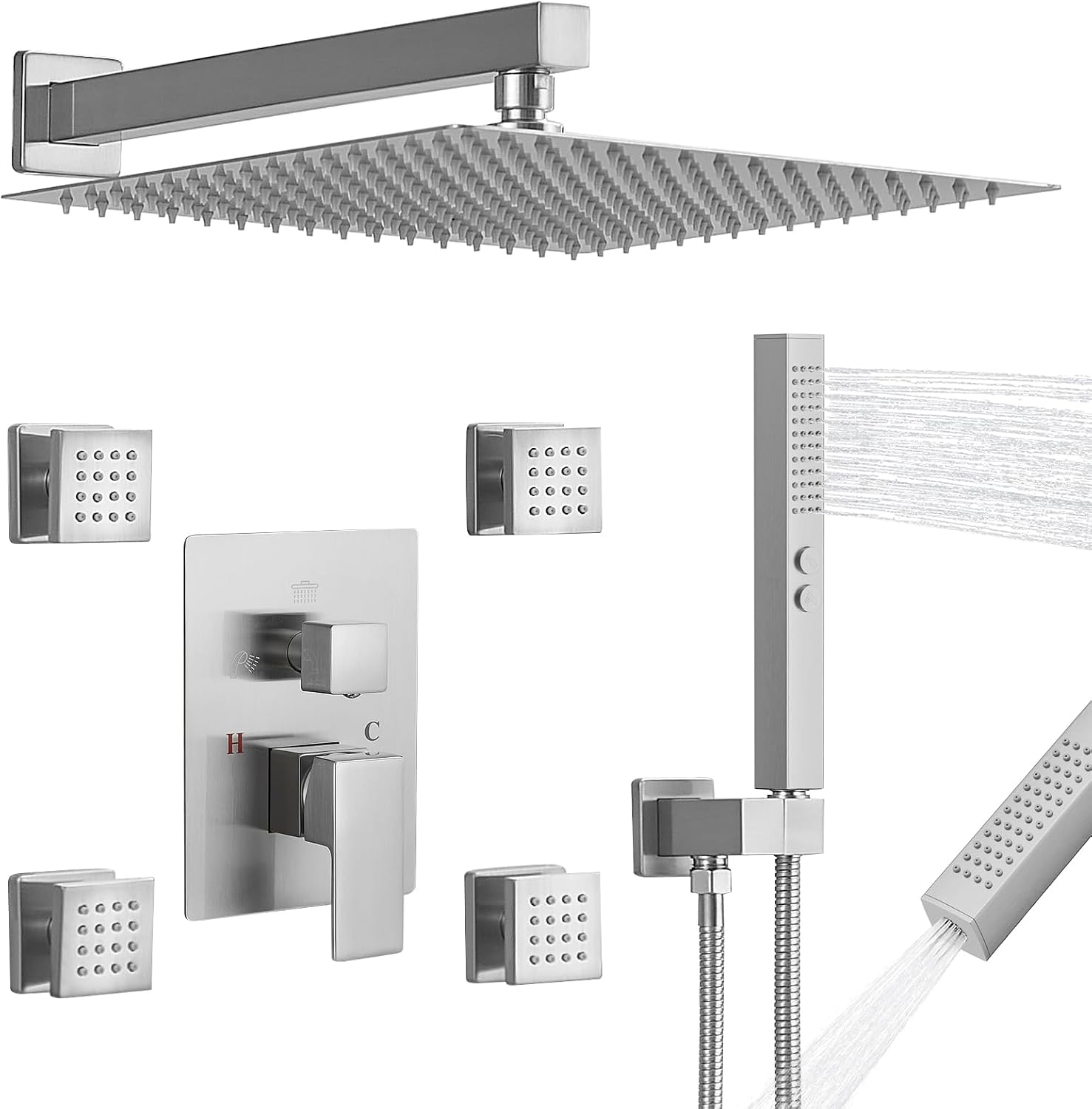 RUMOSE Rainfall Shower System with 4 Body Jets Wall Mounted 4 Mode Shower Faucet Set with 12 Inch Rain Shower Head and 2 in 1 Handheld Spray, Brushed Nickel Brass Shower Fixtures, Rough-in Valve