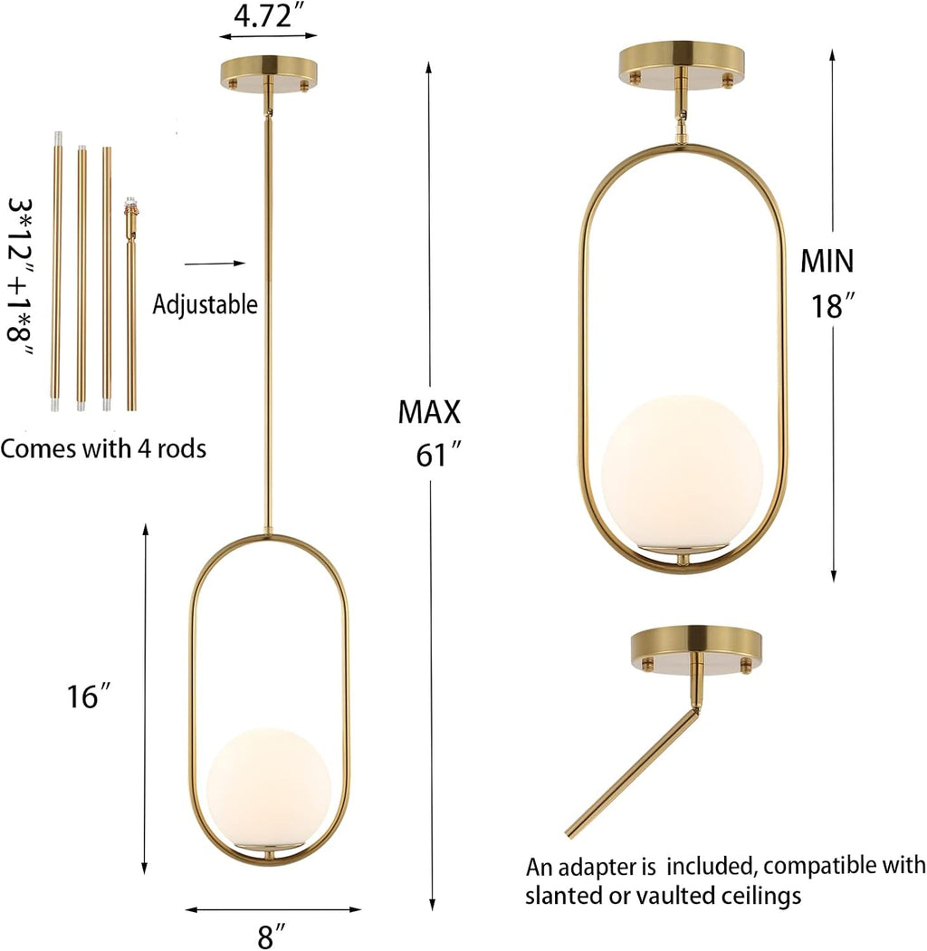 BYOLIIMA Modern Gold Globe Pendant Light Mid Century Chandelier 1-Light Brushed Brass Ceiling Hanging Lighting Fixture with White Globe Glass Lampshade for Kitchen Island Dining Room Bedroom (2 Pack)