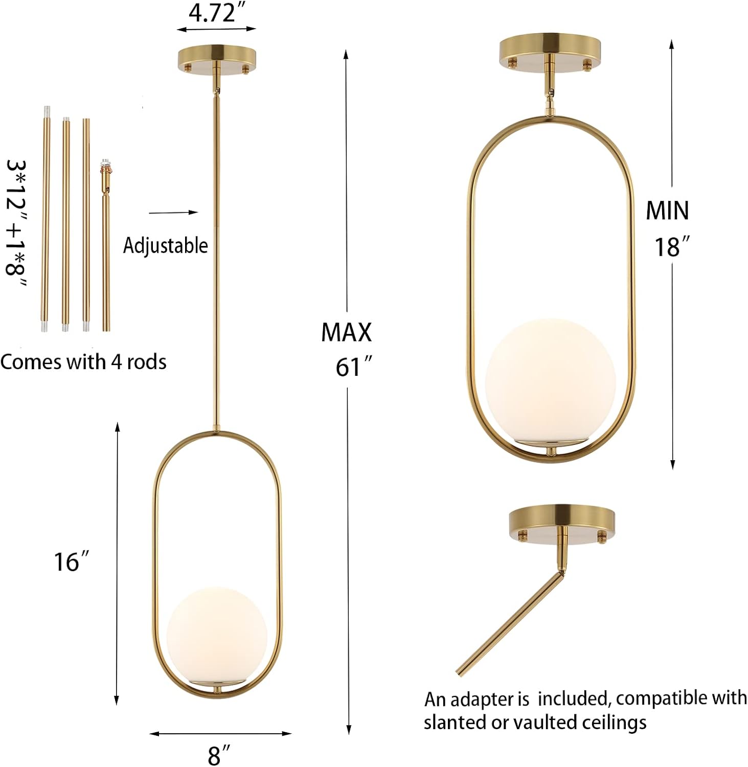 BYOLIIMA Modern Gold Globe Pendant Light Mid Century Chandelier 1-Light Brushed Brass Ceiling Hanging Lighting Fixture with White Globe Glass Lampshade for Kitchen Island Dining Room Bedroom (2 Pack)