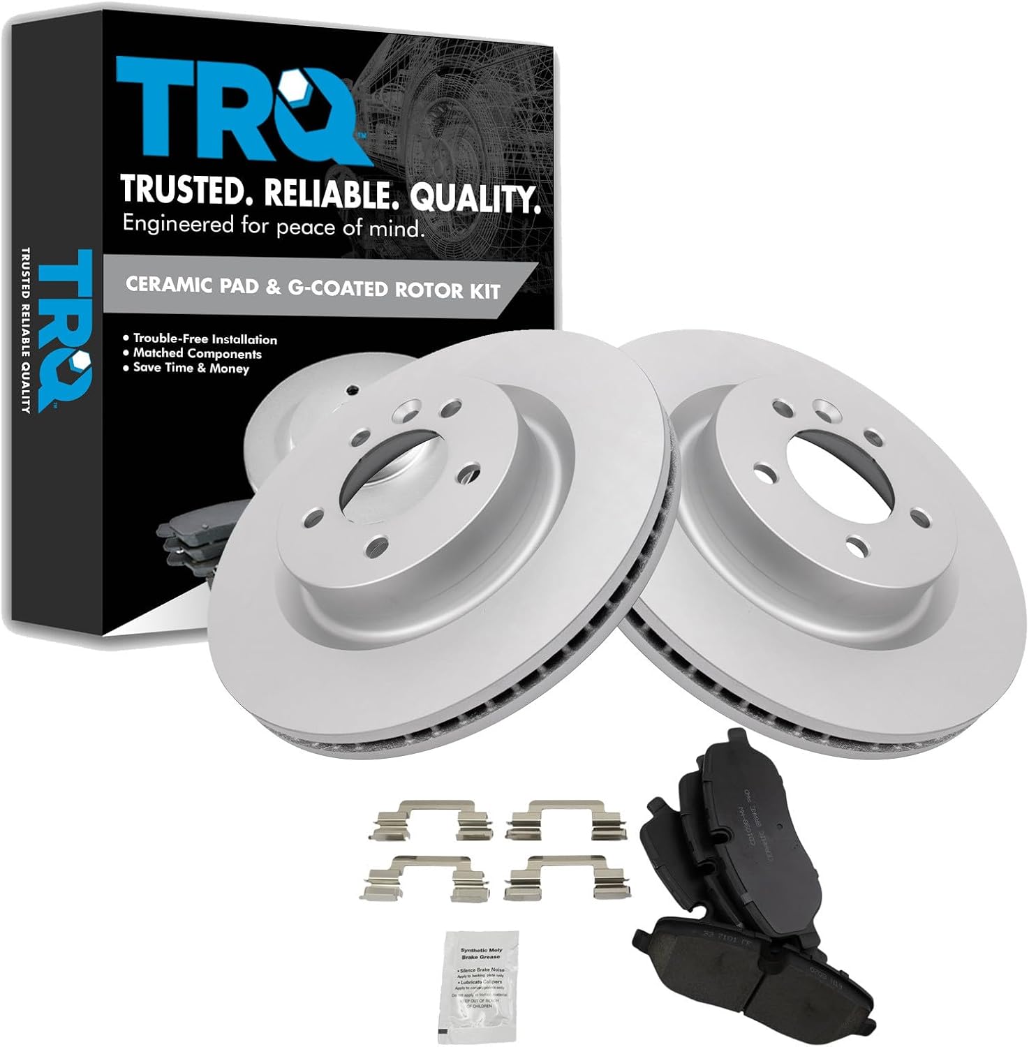 TRQ Front Brake Pad and Rotor Set Ceramic G Coated Vented Rotors Compatible with 2005-2009 Land Rover LR3 2006-2009 Range Rover Sport