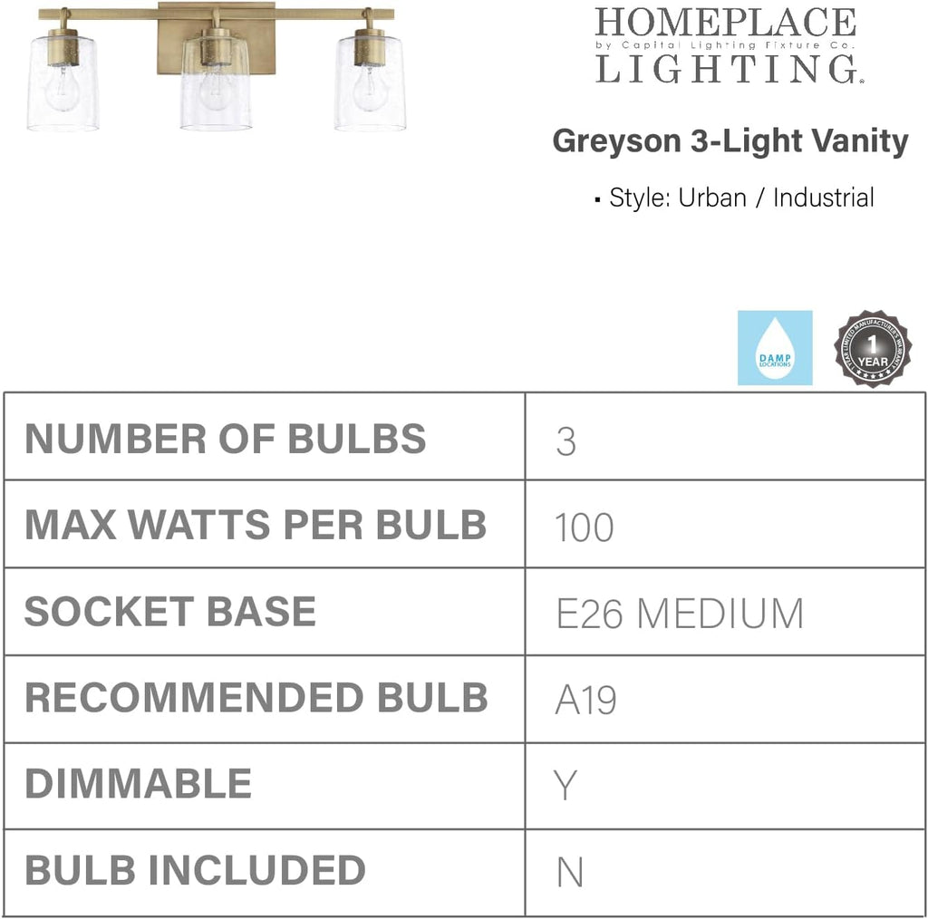 HomePlace Lighting 128531AD-449 Greyson Urban/Industrial Clear Seeded Glass Bathroom Vanity Wall Light, 3-Light 300 Total Watts, 9' H x 25' W, Aged Brass