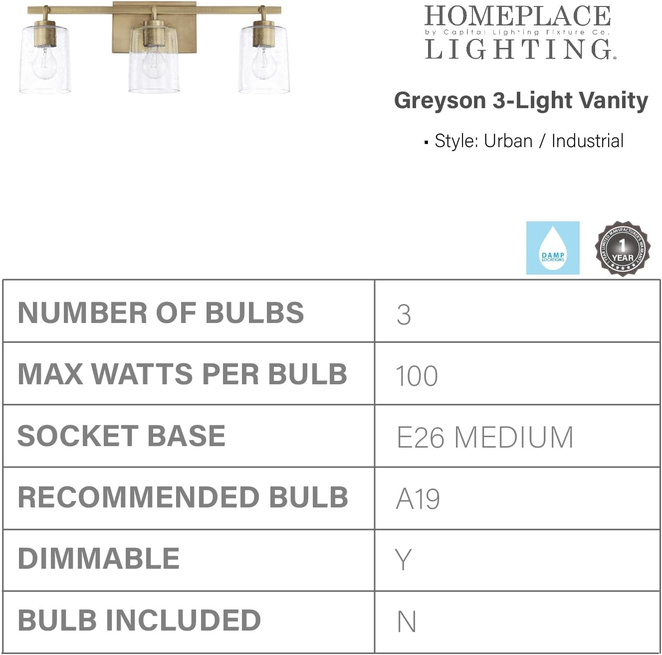 HomePlace Lighting 128531AD-449 Greyson Urban/Industrial Clear Seeded Glass Bathroom Vanity Wall Light, 3-Light 300 Total Watts, 9' H x 25' W, Aged Brass