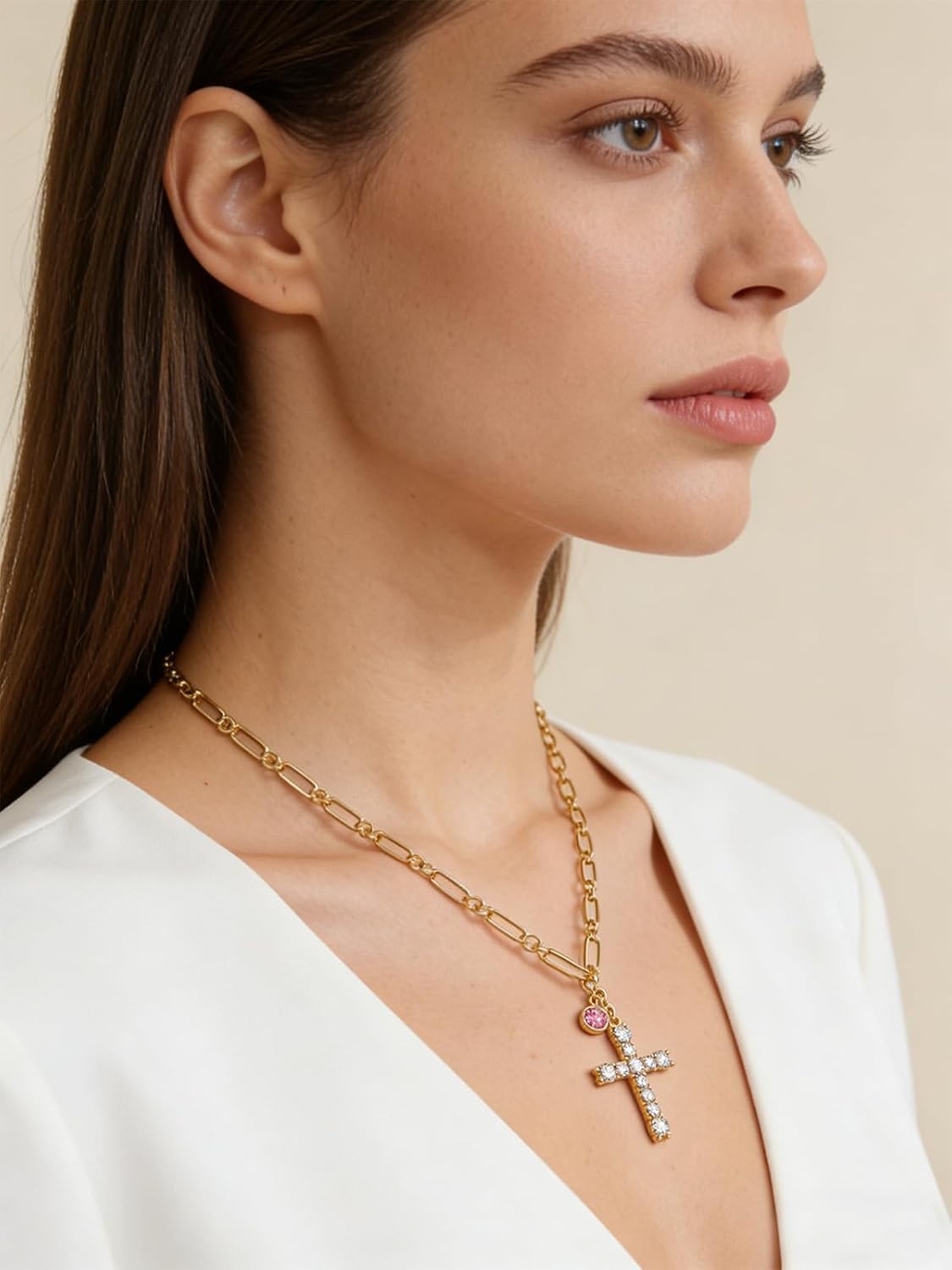 Cross Necklace for Women 14K Gold Birthstone Anniversary Birthday Gift for Wife Mom Protection Christian Jewelry Adjustable Chain