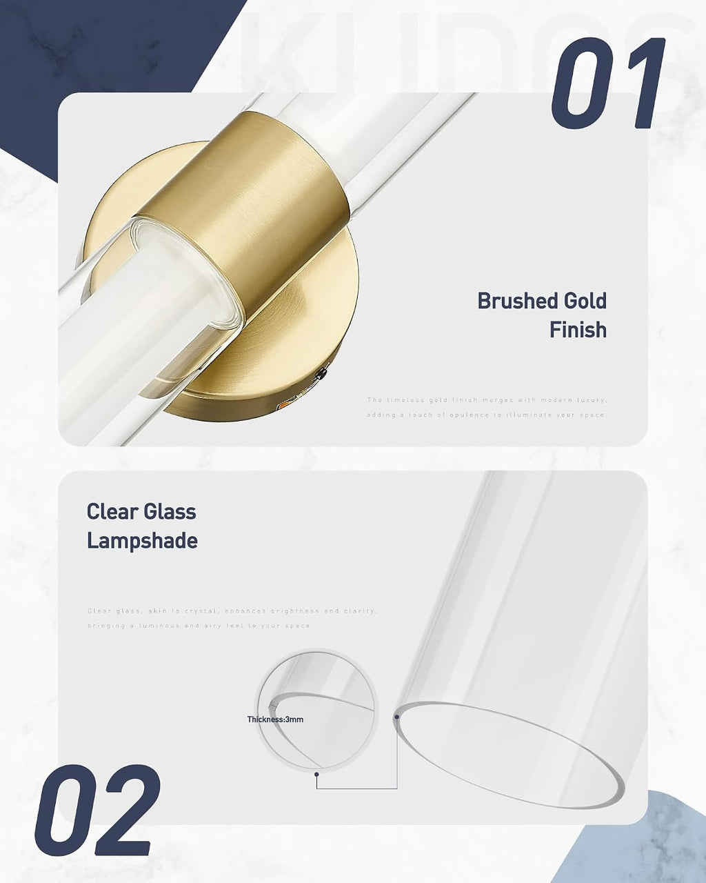 kudos Gold Modern Sconces Wall Lighting, 2Pc Wall Sconces with Clear Glass and Frosted Glass, Modern LED Vanity Light for Bathroom, 3000K/4500K/6000K Adjustable,KDVL06-GD-2-2PK