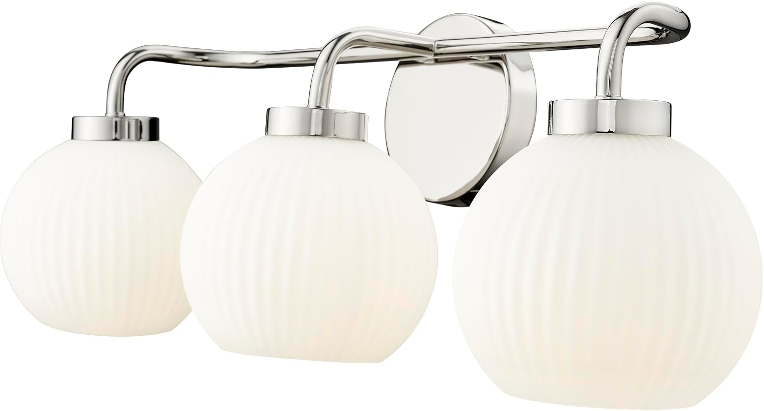 ML Lighting | Oprah Collection | 22403-PN | Indoor 3 Light Vanity in Polished Nickel with Opal Ribbed Glass Shade | Elegant and Versatile Design for Any Bathroom